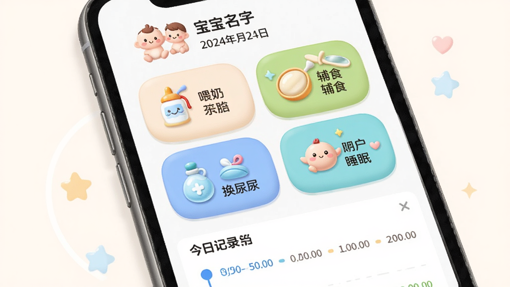 ������App��ι����¼���棬�������ֻ���Ļ��д������Ϊ������ʾ�������ֺ����ڣ��м���ι�̡���ʳ�����򲼡�˯���ĸ���ť�����ָ����У��·��ǽ��ռ�¼ʱ�����б����Ű�����ֱ�ۣ����ɰ���ܰ��ϸ��ͼ��Բ�󣬻��ʸɾ��޶���Ԫ��