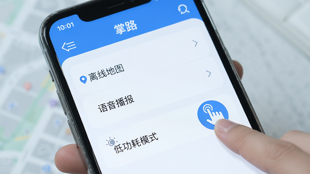 一张手机屏幕显示“掌路”App设置界面的图片,界面中有“离线地图”、“语音播报”、“低功耗模式”等选项,旁边有手指点击的图标,整体风格清晰,色调偏冷,画质干净