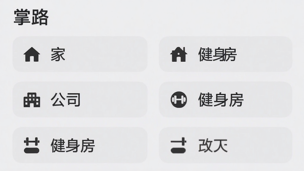 一张“掌路”App的收藏夹界面截图风格图片,屏幕上显示多个地点标签,如“家”、“公司”、“健身房”,每个标签旁边有对应的图标,界面背景是浅灰色,文字清晰,布局规整,风格极简,画质干净无多余元素