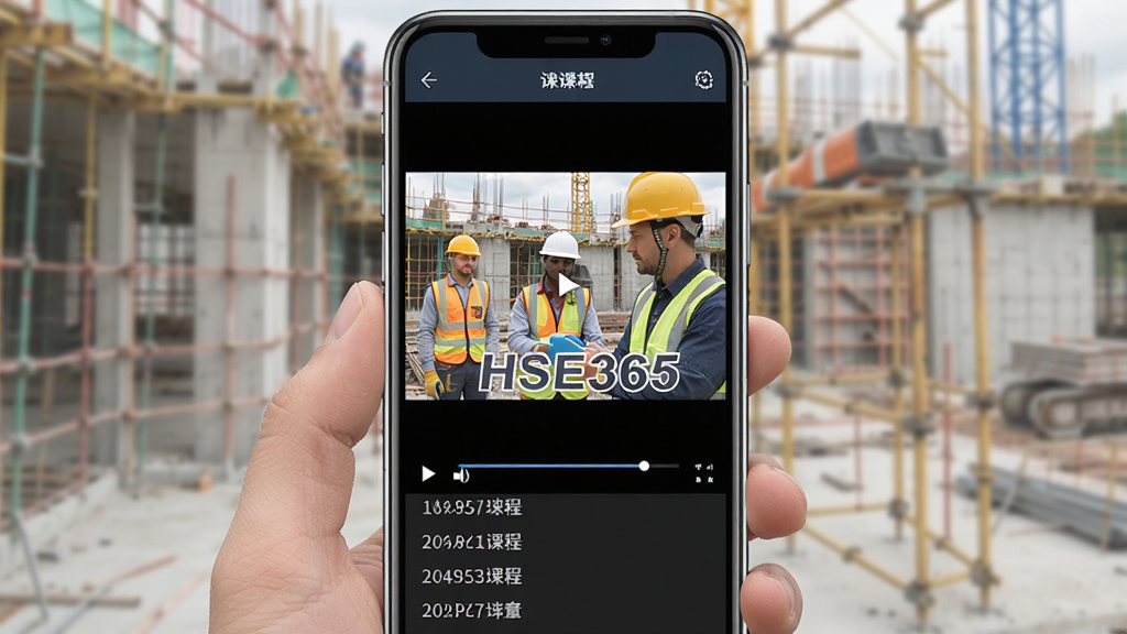 HSE365Ӧ���ڿγ�ѧϰ���棬����Ϊ�ֻ���Ļ��ʾ��Ƶ����ҳ�棬��Ļ����Ϊ��ȫ��ѵ�γ���Ƶ���棬�����а�������ȫñ�Ĺ��˺�ʩ���ֳ���������Ƶ�·���