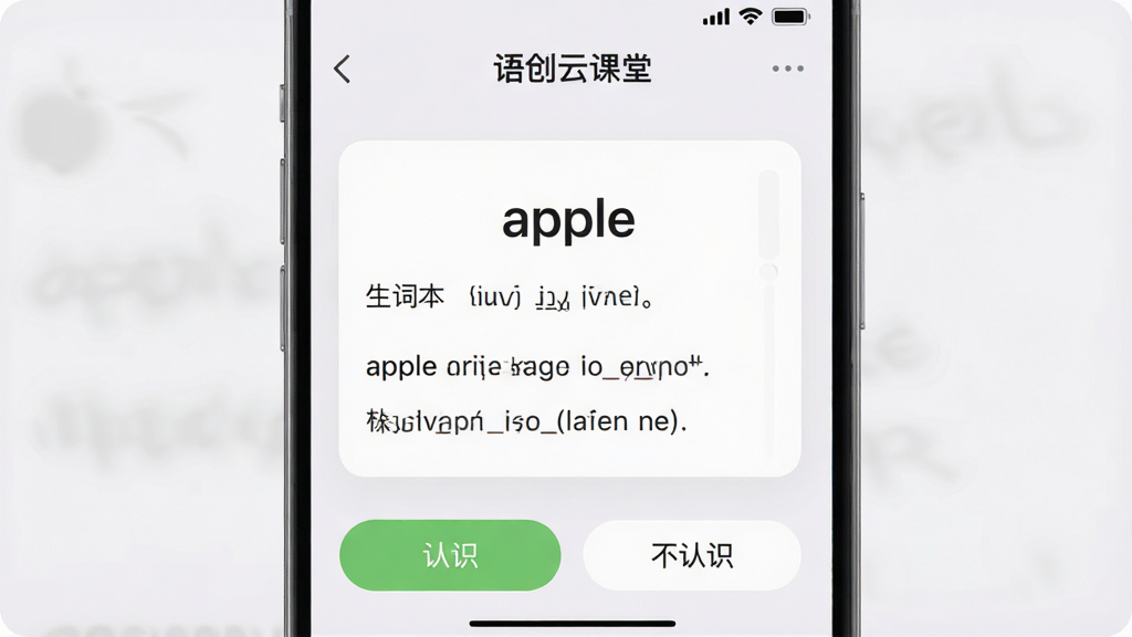 һ���ֻ������ͼ��չʾ���ﴴ�ƿ��á������ʱ�ҳ�棬��Ļ�����ǵ��ʿ�Ƭ��apple�����·�����������䣬�ײ��С���ʶ���͡�����ʶ��������ť��������ǳ��ɫ����ƬΪ��ɫԲ�Ǿ��Σ�����Լ�����ʸɾ����޶���Ԫ�ء�
