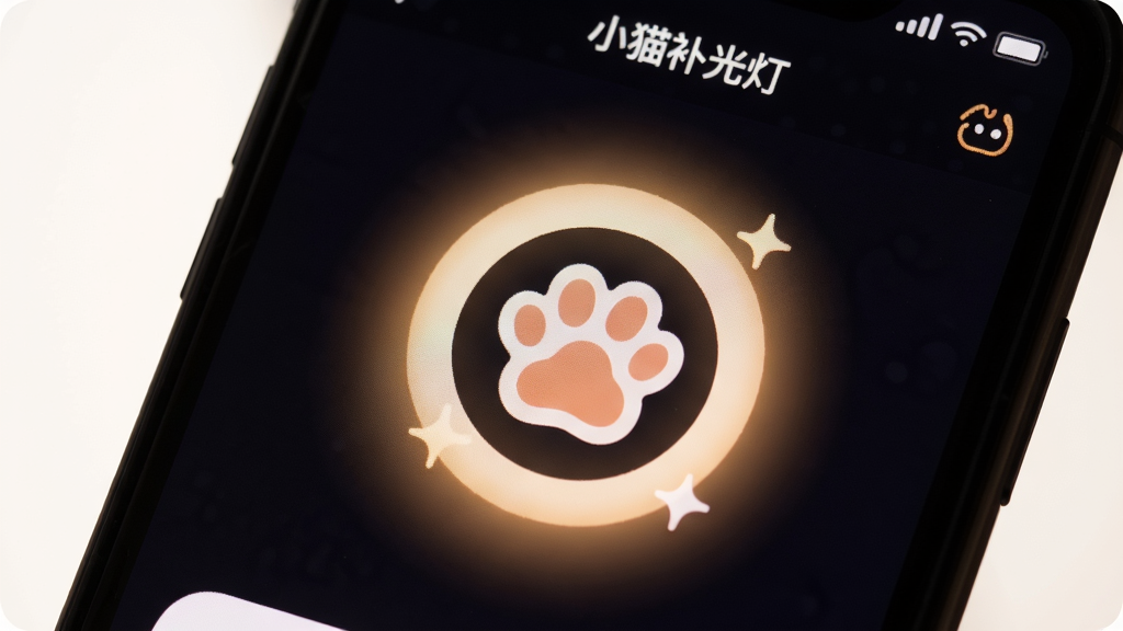 һ���ֻ���Ļ��д����Ļ��ʾ��Сè����ơ�App�Ľ��棬����������һ���ɰ���Сèצͼ�꣬��Χ��������͵�ůɫ���Σ���������ɫ��ͻ����Ļ����ĸо�����������ܰ�ɰ��������������ɾ��޶���Ԫ��