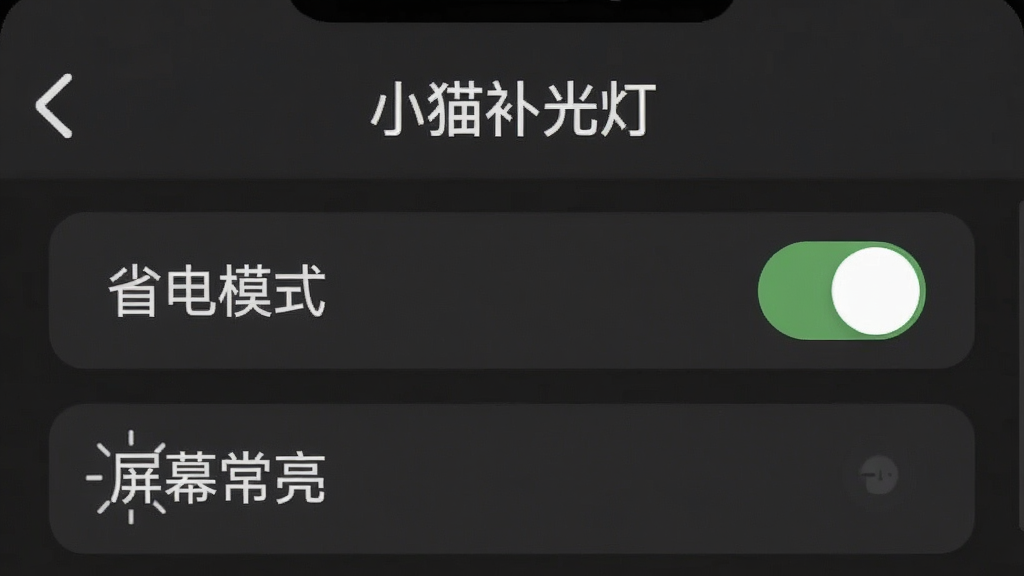 һ���ֻ���Ļ��ͼ��չʾ��Сè����ơ�App�����ý��棬�������С�ʡ��ģʽ�����غ͡���Ļ������ѡ�����Ϊ���ɫ������Ϊ��ɫ����񼫼򣬻����������޶���Ԫ��