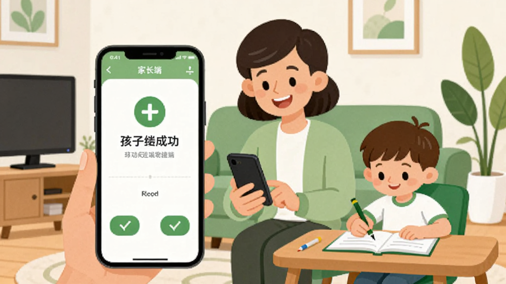 小绿芽孩子端 手机屏幕展示家长端和孩子端连接成功的主界面 客厅背景 一位家长笑着看手机 孩子在一旁写作业 温馨家庭场景 扁平插画风格 绿色和白色为主色调 画面干净 细节清晰 无水印