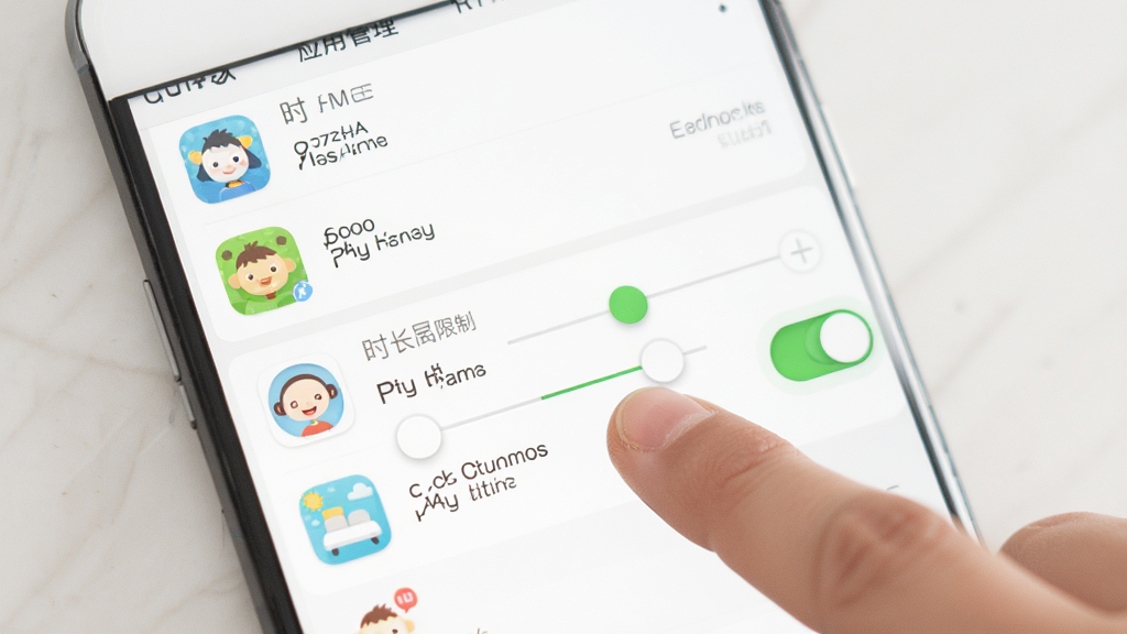 小绿芽孩子端 应用管理界面 手机屏幕显示应用列表和时长限制滑块 家长手指正在操作 绿色开关按钮 简洁列表排版 白色背景 扁平设计风格 画面干净 无多余装饰