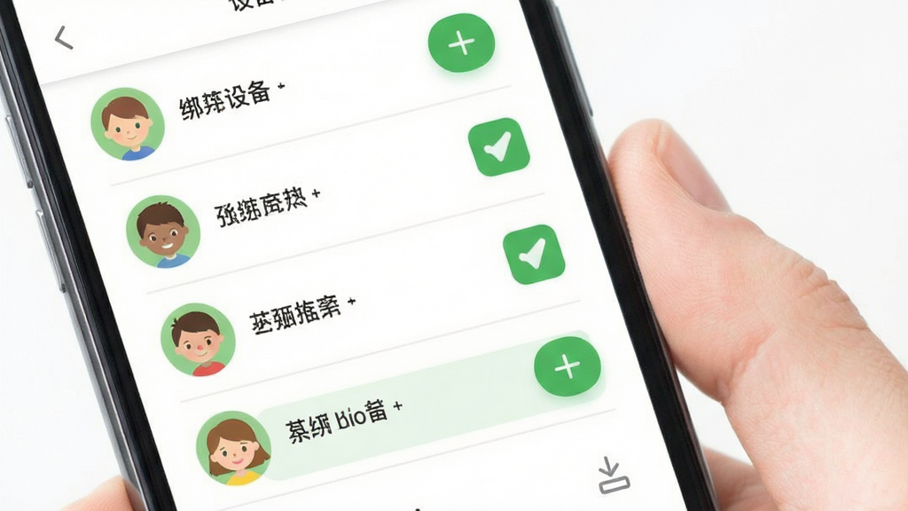 小绿芽孩子端 多设备绑定界面 手机屏幕显示已绑定的孩子设备列表 头像和名称清晰 绿色添加按钮 白色背景 简洁列表排版 扁平设计风格 画面干净 无多余元素