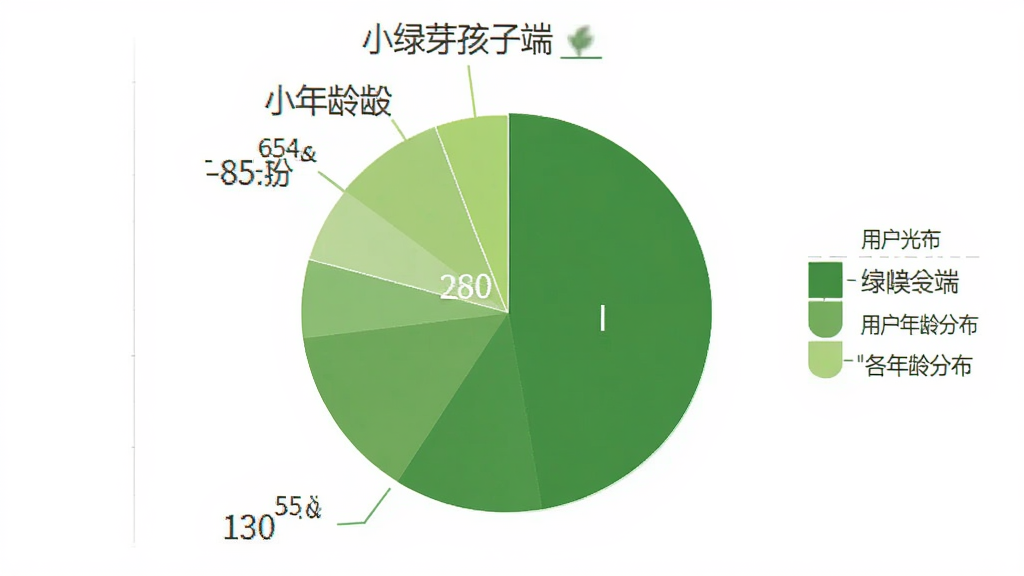 小绿芽孩子端 用户年龄分布饼状图 不同颜色扇形代表各年龄段占比 绿色系配色 白色背景 简洁数据图表 扁平设计风格 文字标注清晰 画质干净 无多余元素