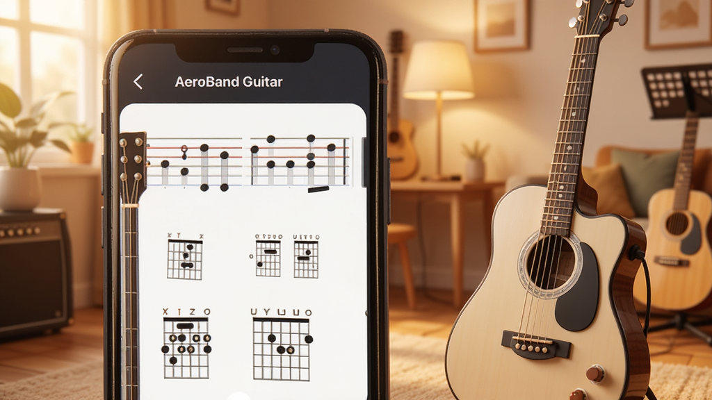 һ��չʾAeroBand GuitarӦ�������������ͼ�������������ֻ���Ļ��ʾ���������׺ͺ���ͼ���Ա߷���һ�����ܼ�������������ܰ�ľӼ���ϰ����������ִ���࣬ɫ����ů�����������ɾ����޶���Ԫ�أ�ͼƬ�д������֡�AeroBand Guitar��