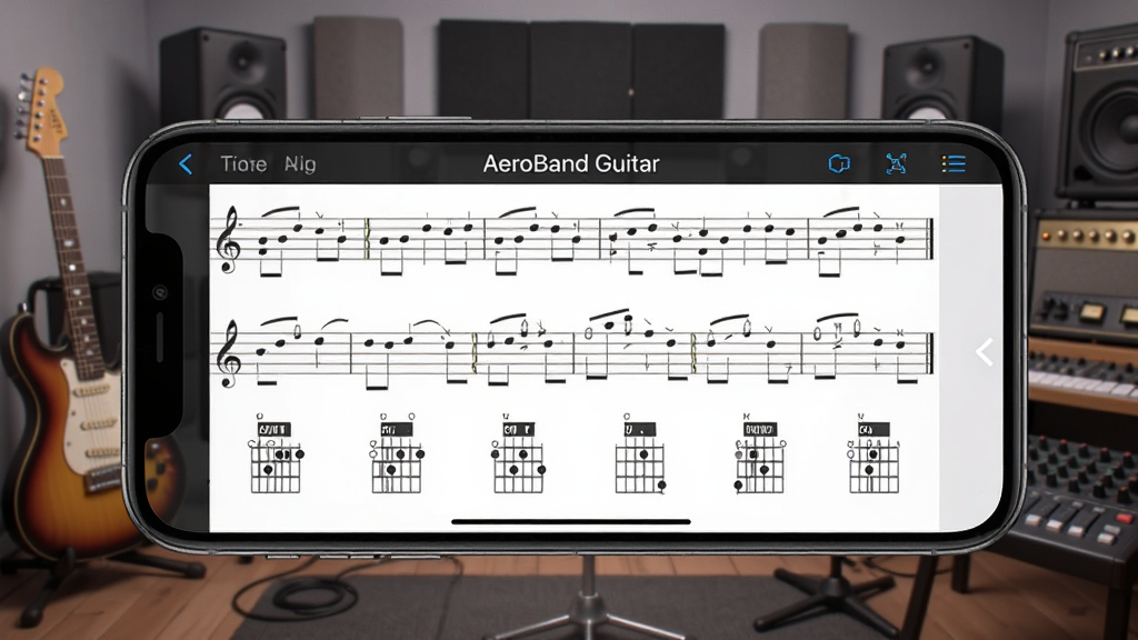 һ��չʾAeroBand Guitar���׸��������ͼƬ���ֻ���Ļ����ʾ�����������׺ͺ���ָ��ͼ�����������ֹ����ҷ���м���������͵���̨������ִ��Ƽ��У�����������ͼƬ�д������֡�AeroBand Guitar��