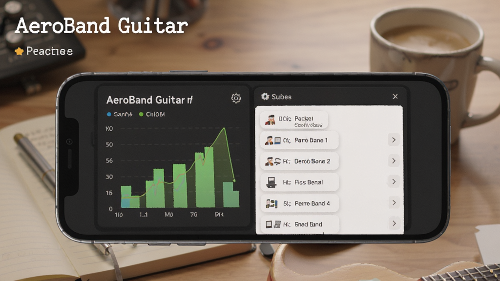 һ��չʾAeroBand Guitar��ϰ��¼ҳ���ͼƬ���ֻ���Ļ����ʾ��ϰʱ��ͳ��ͼ������Ŀ�б��������������������бʼǱ��Ϳ��ȱ��������ܰ�ճ�������������ͼƬ�д������֡�AeroBand Guitar��