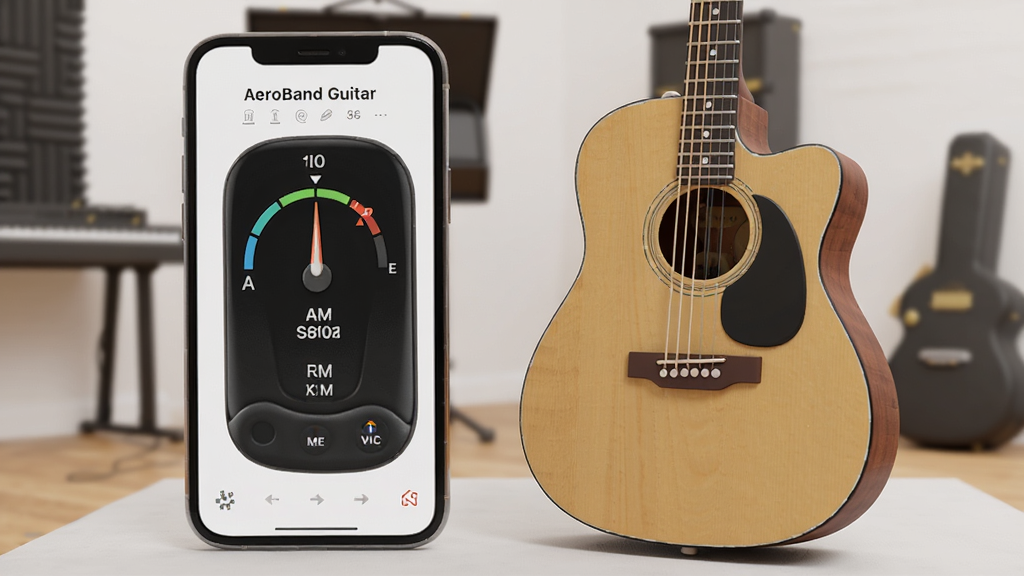 һ��չʾAeroBand Guitar�����������ͼƬ���ֻ���Ļ����ʾ����ָ����������Ա߷���һ��ľ��������������ϰ�һ��������������������������ͼƬ�д������֡�AeroBand Guitar��