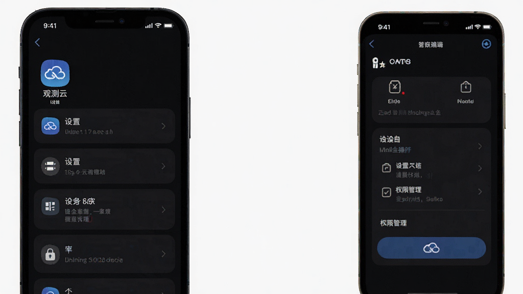 观测云 手机端操作界面 展示设置选项与权限管理 清晰图标 深色模式 干净背景