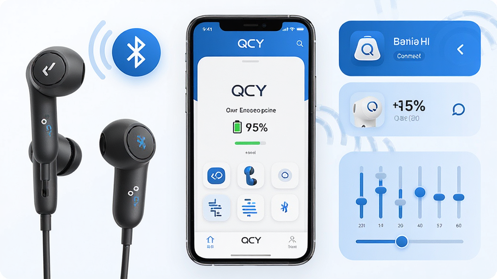 һ��չʾQCY��������App���Ľ�����ֻ�����ͼ������������QCY App����ҳ�棬��ʾ������QCY�����ͺź͵����ٷֱȣ���Χ�����Ŷ�����Ʒʵ������ź�ͼ��;��������ڻ��飬���ֲ������ҷ�����ͼ�����չʾ������ۣ��Ҳ�չʾApp����ģ�飬������Ϊ�ִ���ƽ���Ƽ��磬��ɫ�԰�ɫ��QCYƷ����Ϊ����ϸ���϶������������ɼ���Appͼ���ԵԲ�󣬻��ʸɾ��������޶���Ԫ��