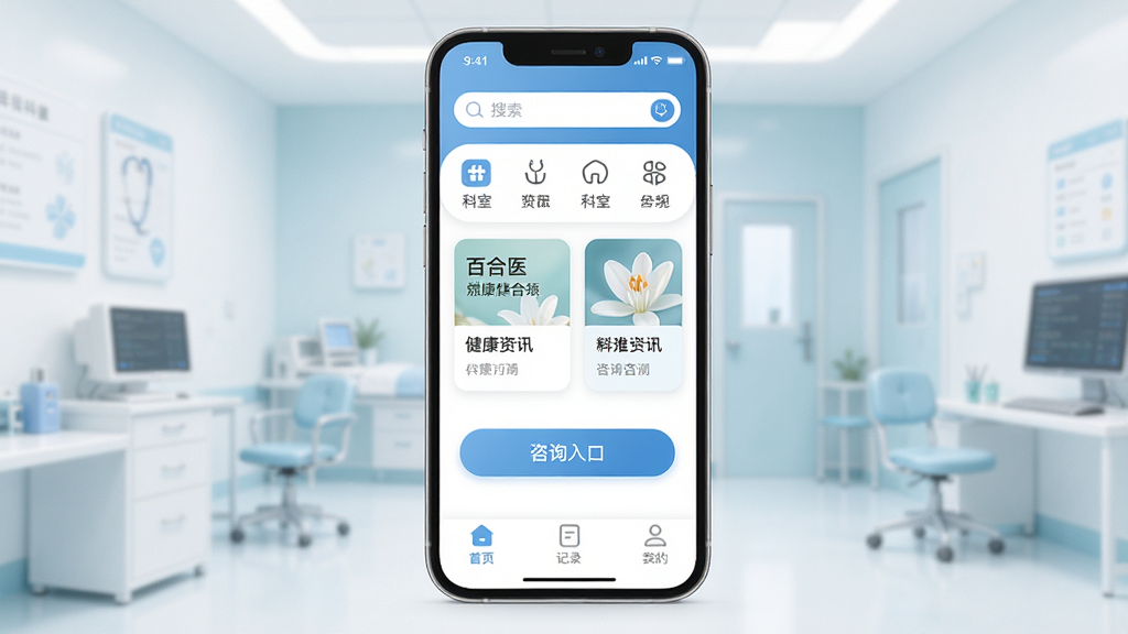 ���廭���Ըɾ���ҽ�ƽ������Ϊ����������һ���ֻ���Ļչʾ���ٺ�ҽ�����������棬���涥����������Ϳ��ҷ���ͼ�꣬�м��ǽ�����Ѷ��Ƭ����ѯ��ڰ�ť���ײ�Ϊ��ҳ����¼���ҵ�����ѡ��������������Ű����룬����ִ���Լ��ϸ��Բ����ͣ����ʸ��壬�ɾ��޶���Ԫ�ء�