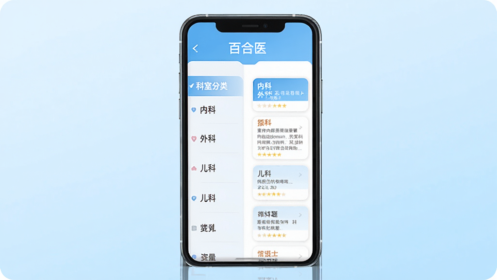 ����������һ���ֻ�����Ļ�ϡ��ٺ�ҽ����������ѯҳ�棬����ǿ��ҷ����б����Ҳ��ǳ������⿨Ƭ��ҳ�����С��ڿơ�����ơ������ơ������ֱ�ǩ������Ϊǳ��ɫ���䣬�����ˬ���Ű����룬ϸ�����������ʸɾ����޶���Ԫ�ء�