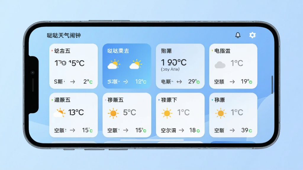 �����������Ӷ���й������棬������һ���ֻ�����չʾ����Ļ�������Ŷ�����п�Ƭ��ÿ�ſ�Ƭ���г������ơ���ǰ�¶ȡ�����ͼ��Ϳ�������ָ������Ƭ������״�������У������ǵ���ɫ���䣬�����ˬ�ִ������ʸɾ��޶���Ԫ��
