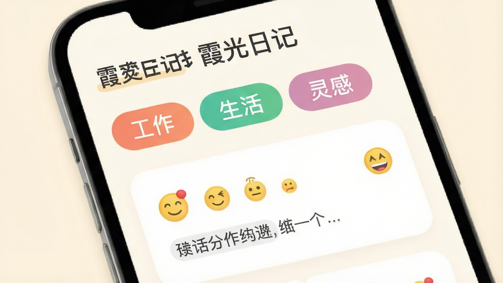 һ��չʾ��ϼ���ռǡ�APP�ڲ����ܵĽ����ͼ���ͼƬ����������ʾ�����ɫ��ǩ���࣬�硰�������������������С����Լ�һ���������������ŵ��ռ���Ŀ����������͵��װ�ɫ�����沼�����������ֱ�ǩ��ȷ������ִ���ƽ��ϸ��Բ�󣬻��ʸɾ��޶���Ԫ��
