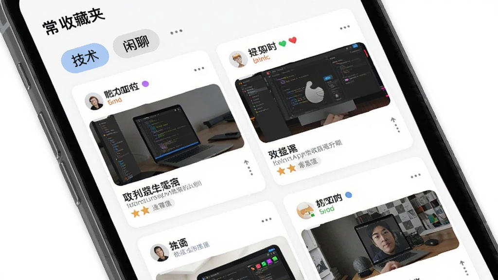����App���ղؼн��棬��ʾ������ղص����ӿ�Ƭ��ÿ����Ƭ�б��������ͼ�������з����ǩ�硰�����������ġ����ֻ���Ļչʾ������࣬���ʸɾ�