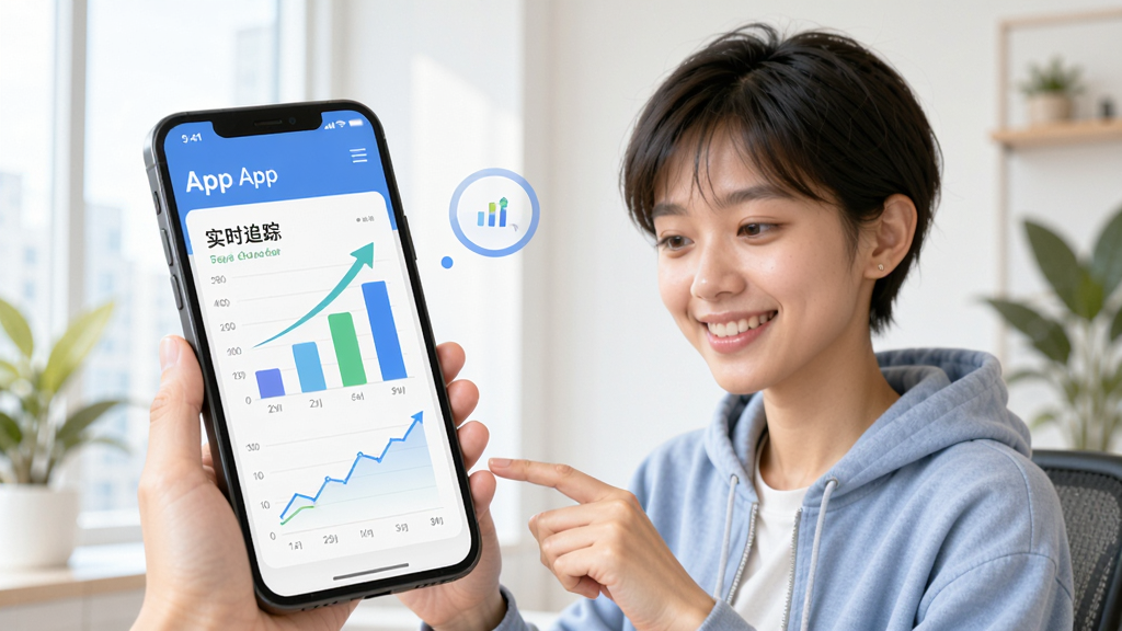 �ڡ����ơ�App������ͳ��ҳ�棬һλ������Ӫ��Ա�������ֻ���Ļ΢Ц����Ļ����ʾ����״ͼ������ͼ�����ݳ��������ƣ�����������������ɣ�ͻ����ʵʱ׷�١��ı�ݸ�
