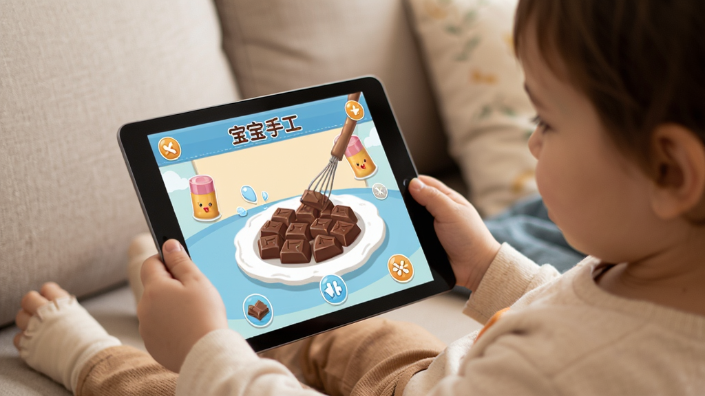 �����ֹ���ʳApp��ƽ������ϵ�ʹ�ó�����������һ��С��������ɳ����˫������ƽ�壬��Ļ����ʾ�����ֹ���ʳ���ɿ����������棬�Ա��мҳ�΢Ц���ţ�������Ϊ��ܰ��ͥ�����գ�ɫ����ů�����������ɾ����޶���Ԫ��