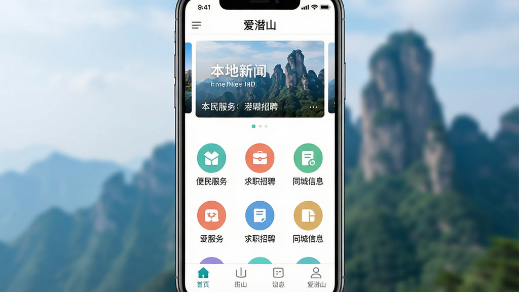 һ��չʾ����Ǳɽ��APP���Ľ�����ֻ���Ļ��ͼ�������������ֻ�����Ļ����ʾ����Ǳɽ������ҳ�������Ǳ��������ֲ�ͼ���м��С�������񡱡�����ְ��Ƹ������ͬ����Ϣ����Բ��ͼ����ڣ��ײ����ĸ���������������Ǳɽ���ط羰������ɽ���黯ͼƬ������������������UI��Ƽ���ƽ�����ʸɾ����޶���Ԫ�ء�