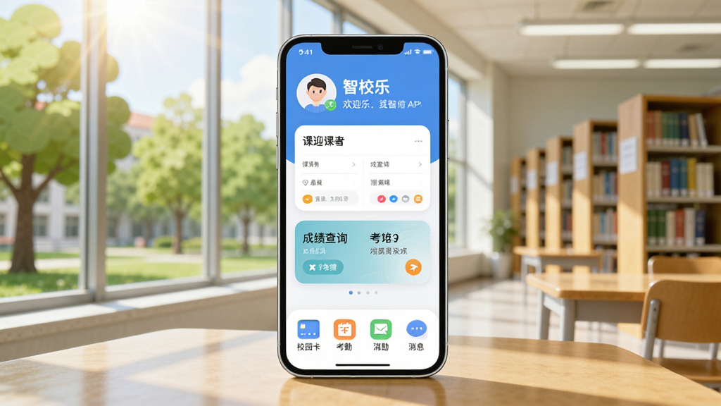 ����������һ�������ֻ�����Ļ��ʾ����У�֡�APP�������棬���涥���Ǹ���ͷ��ͻ�ӭ��м��ǿα���Ƭ�ͳɼ���ѯ��ڣ��ײ���У԰�������ڡ���Ϣ�ĸ�ͼ�꣬�����������Ĵ�ѧУ԰ͼ��ݺ�����������͸���������������ϣ�����ִ���ƽ��ϸ��Բ�󣬻��ʸɾ����޶���Ԫ��