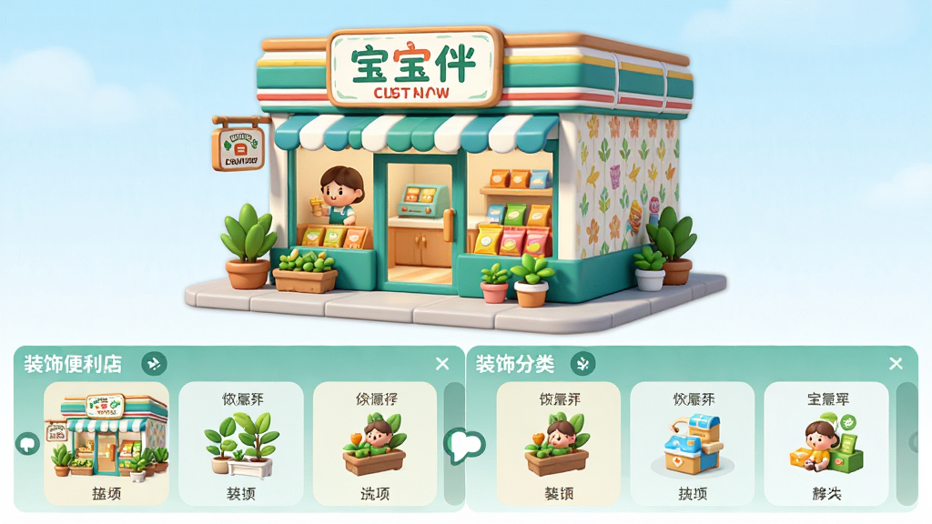 宝宝便利店长 店铺装饰界面 主体是便利店外观和内部装修选项 布局为上方店铺预览 下方装饰分类栏 排版为左右滑动选择 风格为卡通清新 细节包括墙纸图案 招牌样式 绿植摆件 画质高清 干净 无多余元素