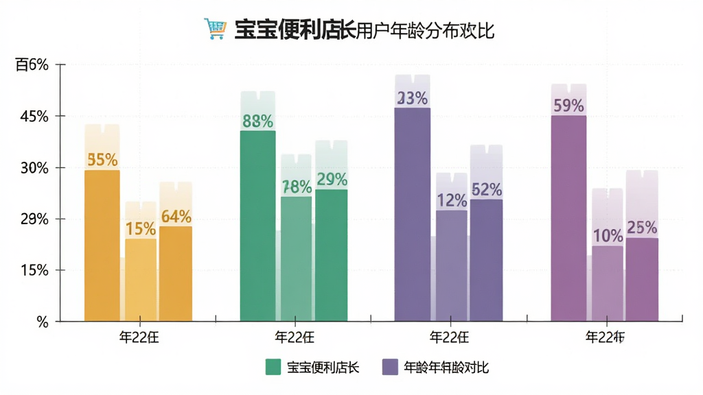 宝宝便利店长 用户年龄分布柱状图 主体是四个年龄段的柱状数据对比 布局为横轴年龄段 纵轴百分比 排版为清晰的统计图表 风格为扁平化信息图 细节包括柱状颜色区分 百分比标签 图例说明 画质高清 干净 无多余元素