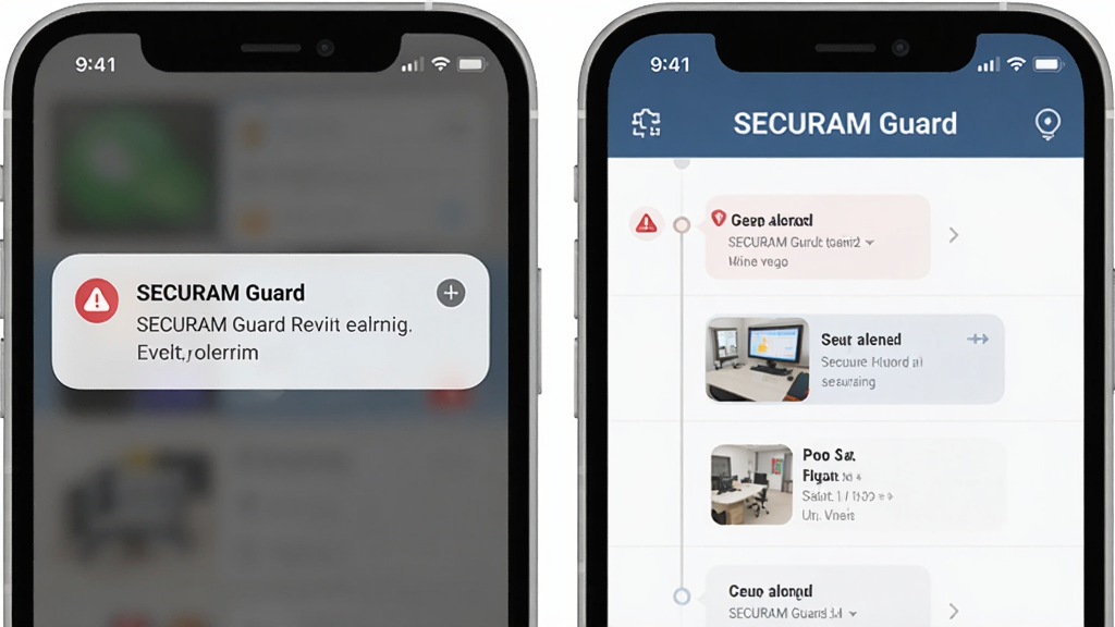 һ��չʾSECURAM Guardʵʱ�澯���ܵ�ͼƬ������������ֻ������澯֪ͨ���Ҳ���App���¼��ؿ�ʱ������棬��ע��