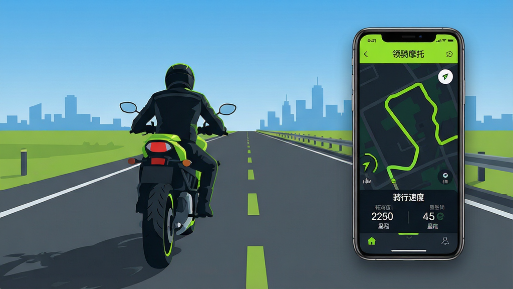 һ��չʾĦ�г����г�����App�������ͼ������������һ�����ڹ�·����ʻ��Ħ�г��������ǿ����ĳǽ���·�����죬�ֻ���Ļ�����ڻ����Ҳ࣬��Ļ����ʾ������Ħ�С�Ӧ�õ������棬������ͼ�켣·�ߡ������ٶȡ�������ݵ���Ϣ�����������������ִ���ƽ����Ʒ����ɫ��Ϊ��ɫ��ӫ���̴��䣬ϸ�ڸɾ������ʸ��壬�޶���Ԫ��