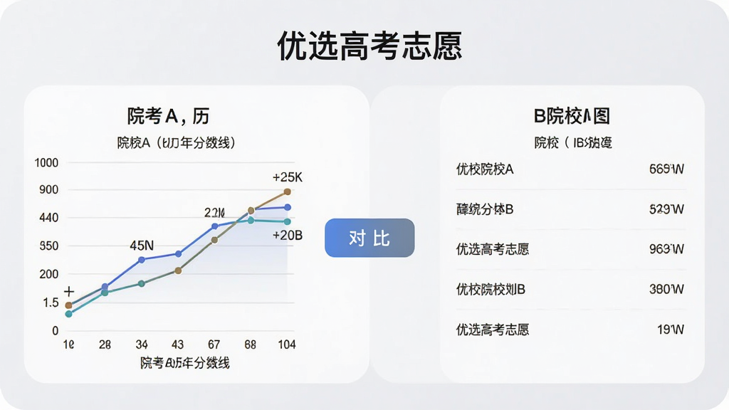 һ����Ϊ����ѡ�߿�־Ը����App����չʾͼ�����岼��ΪԺУ�Ա�ҳ�棬�����ԺУA���������������ͼ���Ҳ���ԺУB�����ݣ��м��жԱȰ�ť������Ϊǳ��ɫ��������������ֱ�ע���������ʸɾ��޶���Ԫ��