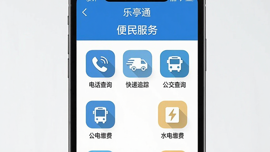 һ��չʾ���������ڽ����ͼƬ���ֻ���Ļ������ʾ����ͤͨ��APP�ı���ҳ�棬ҳ�涥���С�������񡱱��⣬�·����������ŵ绰��ѯ�����׷�١�������ѯ��ˮ��ɷѵ�ͼ�갴ť��ÿ����ť�·������ֱ�ǩ����������ʵ�ã�ɫ������ɫ�Ͱ�ɫΪ����ϸ�ڸɾ������������޶���Ԫ��