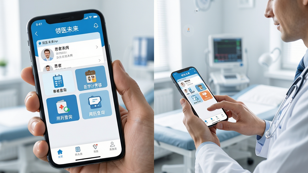 一张展示领医未来App核心功能全貌的场景图,画面主体是医生手持智能手机,手机屏幕上清晰显示领医未来App的主界面,包含患者列表、医学计算器、用药查询等图标模块,背景是简洁的诊室环境,布局采用左右分栏排版,左侧展示App界面特写,右侧展示医生便捷操作手机的动态感,风格为现代医疗科技风,细节上突出手机屏幕的清晰度和App界面的清爽布局,画质4K超清,干净无多余元素