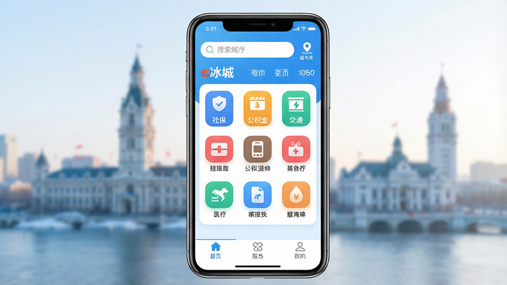 һ��չʾe����App����ȫò��ͼƬ������Ϊһ�������ֻ�����Ļ�м���ʾe����App����ҳ���棬�����Ա���ɫ�Ͱ�ɫΪ��ɫ����������������ͳ��ж�λͼ�꣬�м��ǾŹ������ͼ�꣬�����籣�������𡢽�ͨ��ҽ�ƵȲ�ɫͼ�꣬�ײ�����ҳ�������ҵ����������������ּ������������ִ���ƽ����ϸ��Բ�󣬻��ʸɾ��޶���Ԫ�أ�����Ϊ�黯�Ĺ��������м�Ӱ�������������
