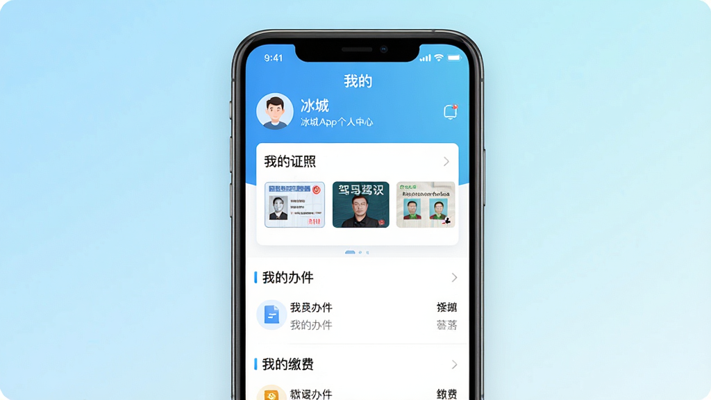 һ��չʾe����App��������ҳ���ͼƬ������Ϊ�ֻ���Ļ����Ļ��ʾe����App�ġ��ҵġ�ҳ�棬�������û�ͷ����ǳƣ��·��С��ҵ�֤�ա���Ƭ��չʾ����֤����ʻ֤�ȵ���֤������ͼ�����·��ǡ��ҵİ�����͡��ҵĽɷѡ��б��������Ա���ɫ�Ͱ�ɫΪ������������������ִ������ʸɾ����޶���Ԫ�أ�����Ϊ��ɫ���䣬��������
