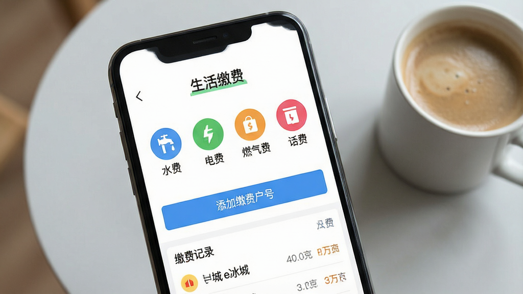 һ��չʾe����App����ɷѹ��ܵ�ͼƬ������Ϊ�ֻ���Ļ��д����Ļ��ʾe����App������ɷ�ҳ�棬�����԰�ɫΪ�ף������С�����ɷѡ����⣬�·�������ˮ�ѡ���ѡ�ȼ���ѡ������ĸ���ɫԲ��ͼ�꣬ÿ��ͼ���·��ж�Ӧ���֣�ҳ���м��С����ӽɷѻ��š��İ�ť���ײ��нɷѼ�¼�б������������¼�࣬���ʸɾ����޶���Ԫ�أ�����Ϊǳ��ɫ���棬�Ա߷���һ�����ȣ�Ӫ��Ӽ������Χ