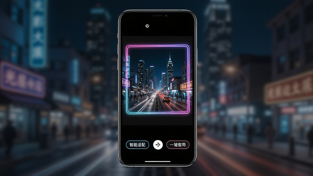 ��Ӱ�߿�APP����չʾ��������һ���ֻ�����չʾ��Ƭ�༭���棬��Ƭ��һ�ų���ҹ�����������޺�Ʒ��ķ���߿���Ļ�·������������һ������������ť�������黯����������ִ��Ƽ��У�ϸ�����������ʸɾ����޶���Ԫ��