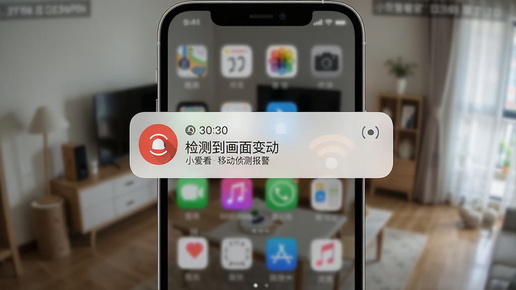 一张展示小爱看家移动侦测报警功能的图片,主体是手机屏幕弹出报警通知,通知内容显示“检测到画面变动”,布局为通知弹窗悬浮在手机主界面之上,背景是模糊的家庭监控画面,风格为现代手机系统通知样式,细节上通知图标明显,时间显示清晰,画质高清,干净,无多余元素