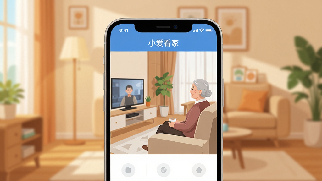 一张展示小爱看家APP核心界面的图片,主体是一部智能手机,屏幕上显示着小爱看家视频监控画面,画面中有客厅场景和一位老人坐在沙发上看电视,布局为手机居中,背景是温馨的家居环境虚化,风格为现代扁平化科技风,细节上手机边框圆润,屏幕内文字清晰标注“小爱看家”,画质高清,干净,无多余元素