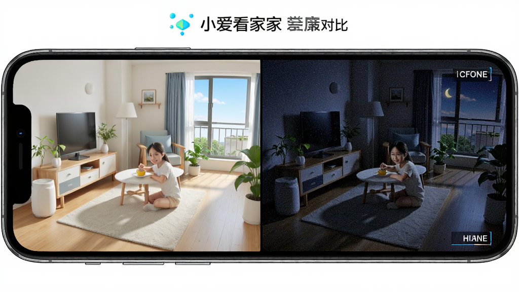 一张展示小爱看家画质效果的对比图,主体是手机屏幕左右分屏显示白天和夜晚的监控画面,布局为左右对比,风格为写实科技风,细节上白天画面明亮清晰,夜晚画面噪点控制良好,画质高清,干净,无多余元素