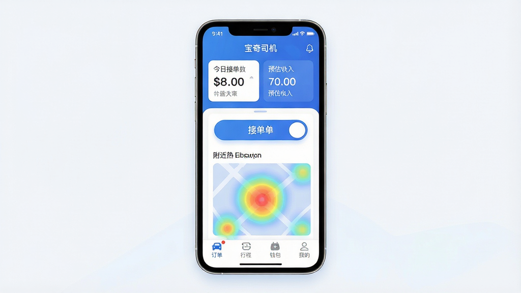 ����˾��Ӧ��������ȫòչʾ����������һ�������ֻ�������ʾAPP��ҳ������״̬����ʾʱ�����źţ���������������ɫΪ�����Ϸ���Ƭչʾ���սӵ�������Ԥ�����룬�м���������Ŀ�Ľӵ����ذ�ť�븽������ͼ���ײ�Ϊ�������г̡�Ǯ�����ҵ��ĸ���ǩ�������岼������������ִ���ƽ��ϸ��Բ�󣬻��ʸɾ����޶���Ԫ�أ�ͼƬ�����ֱ�ע������˾����