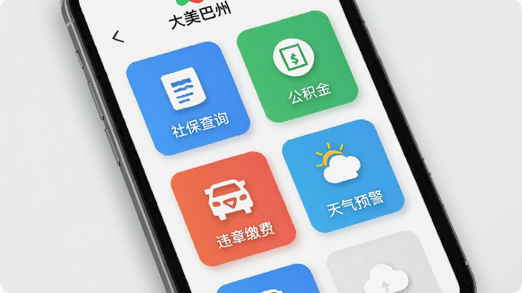 ����չʾ���������ݡ�App�ı������ҳ�棬�ֻ���Ļ�����������š��籣��ѯ�����������𡱡���Υ�½ɷѡ���������Ԥ�����Ȳ�ɫͼ�갴ť�������Ǽ���ǳ��ɫ�����Ϊ�ִ���ƽ����ƣ�ϸ�ڴ�����΢��ͶӰЧ�������ʸɾ����࣬�޶���Ԫ�ء�