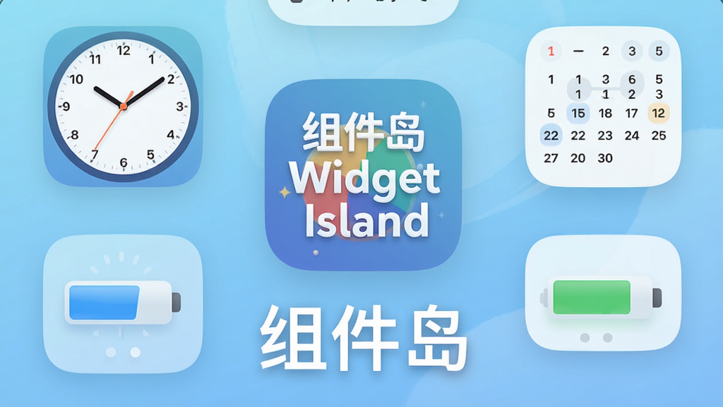һ���ֻ������ͼ�����������ǡ������Widget Island����Appͼ�꣬ͼ����Χ�����ż�����ͬ��ʽ������С���������Բ��ʱ�ӡ����������͵�ص�������������ǳ��ɫ���䣬�ֻ��·��С��������������ɫ�����֣��������ִ����£�ϸ��Բ�󣬻��ʸɾ��޶���Ԫ��