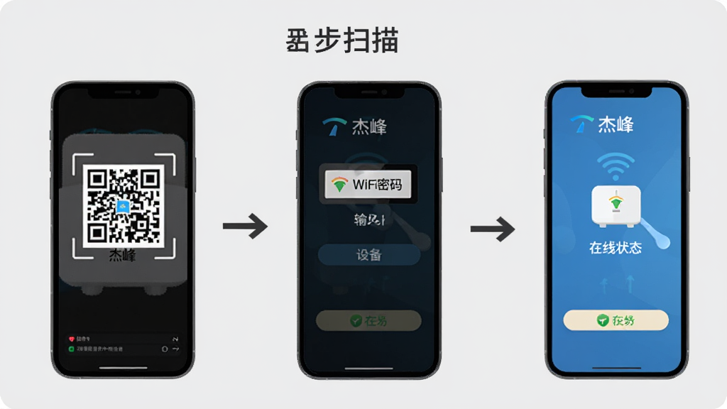 杰峰 App添加设备操作流程图,画面展示手机屏幕的三步操作截图,第一步是扫描二维码,第二步是输入WiFi密码,第三步是设备连接成功显示在线状态。流程图用箭头连接,背景是浅灰色,风格扁平化设计,画质清晰,标注文字“杰峰”,干净无多余元素。
