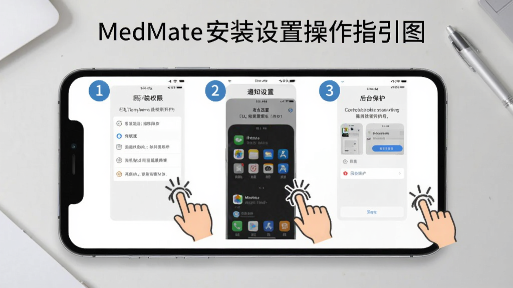 MedMate��װ���ò���ָ��ͼ��������һ���ֻ�������ã���Ļ�Ϸֲ���չʾ��װȨ�޿�����֪ͨ���á���̨���������������棬ÿ�����������ֱ�ע˳���Ա�����ָ�����ͼ��ʾ�⣬����Ϊǳ��ɫ���棬��������˵�����ͼ��������ˣ��������������ֱ�ע���