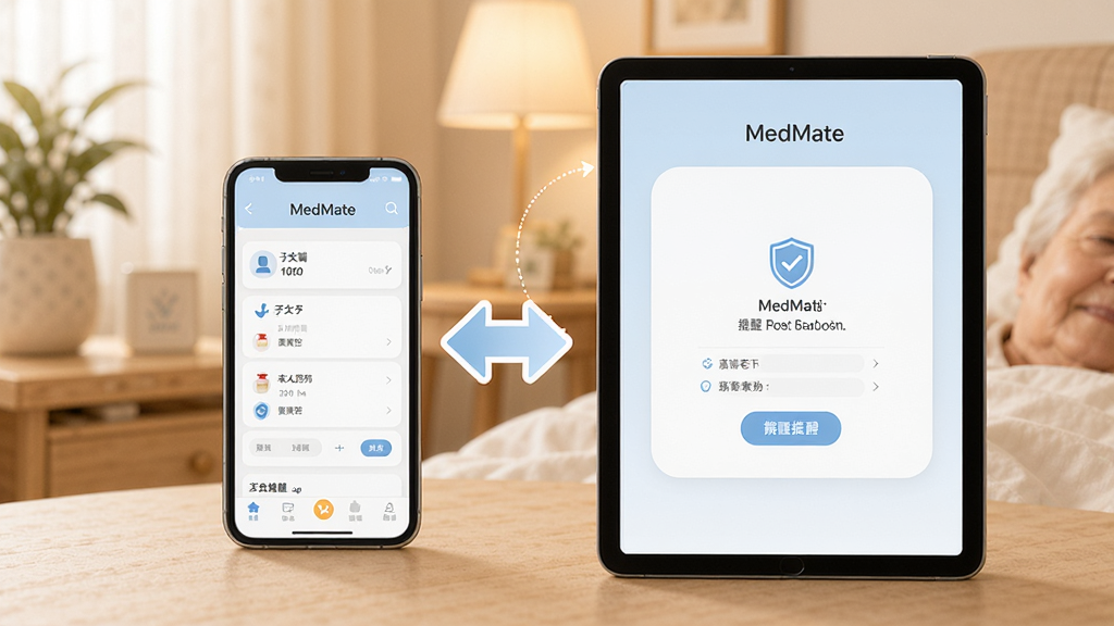 MedMate��ͥ�������ܽ��棬��������һ���ֻ���һ��ƽ����Բ�����ʾ���ֻ���Ļ����Ů�˲鿴������ҩ��¼�Ľ��棬ƽ����Ļ�����˶˼������ѽ��棬���豸֮��������ͬ���ļ�ͷͼ�����ӣ�������ů��ͣ�����ɫ����ǳ���Ͱ�ɫΪ���������ܰ�ִ������ʸɾ�����