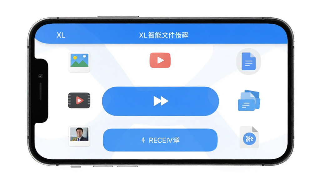 һ��չʾXL�����ն��ļ��촫���ܵĽ����ͼ���ֻ���Ļ����ʾXL�����ն�Ӧ���ڵ��ļ�����ҳ�棬�м���һ�����ķ��Ͱ�ť�ͽ��հ�ť����Χ���ļ�����ͼ������Ƭ����Ƶ���ĵ�����������ɫ�Ͱ�ɫΪ�����Ű��࣬����ִ��������ɾ������������޶���Ԫ��