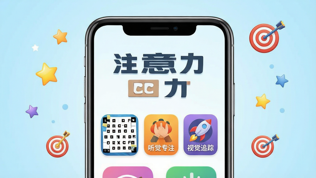 一张展示注意力训练软件核心界面的图片,画面中央是手机屏幕,屏幕内显示注意力训练四个大字的标题,下方排列着舒尔特方格、听觉专注、视觉追踪等训练模块的彩色图标,背景是简洁的浅蓝色渐变,周围漂浮着星星和靶心等专注力元素,整体风格清新明快,画质干净清晰,无多余杂乱元素