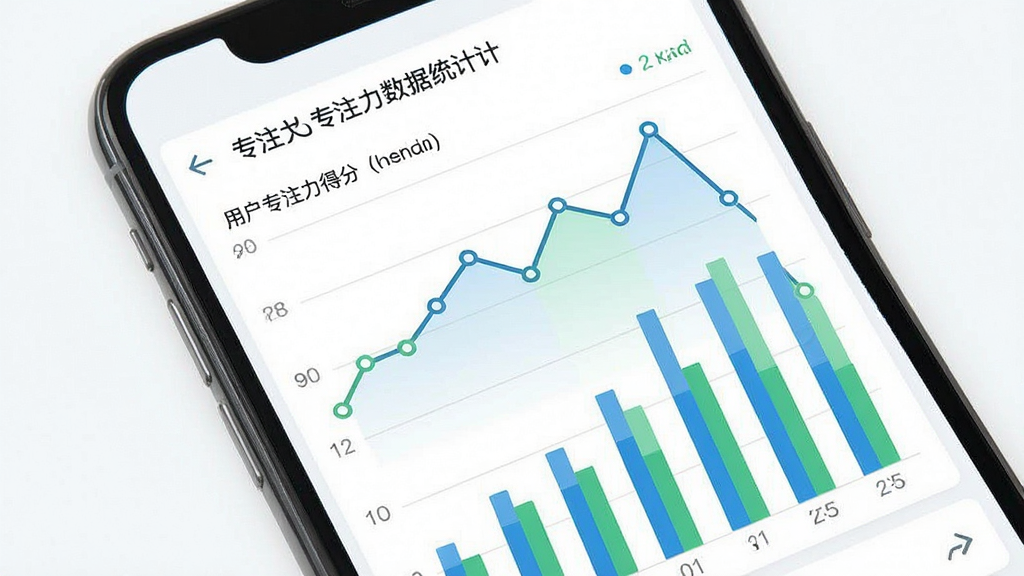 一张注意力训练软件的数据统计页面图片,手机屏幕显示折线图和柱状图,展示用户一周内的专注力得分变化,图表颜色以蓝色和绿色为主,界面布局清晰,文字标签明确,风格现代扁平,画质干净,无多余元素