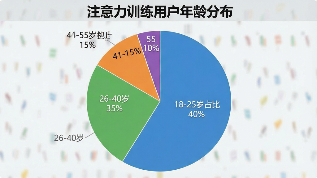 一张展示注意力训练用户年龄分布的饼状图,图表分为四个扇形区域,分别标注18-25岁占比40%、26-40岁占比35%、41-55岁占比15%、55岁以上占比10%,颜色以蓝色、绿色、橙色、紫色区分,图表标题为“注意力训练用户年龄分布”,风格简洁专业,画质清晰,无多余元素
